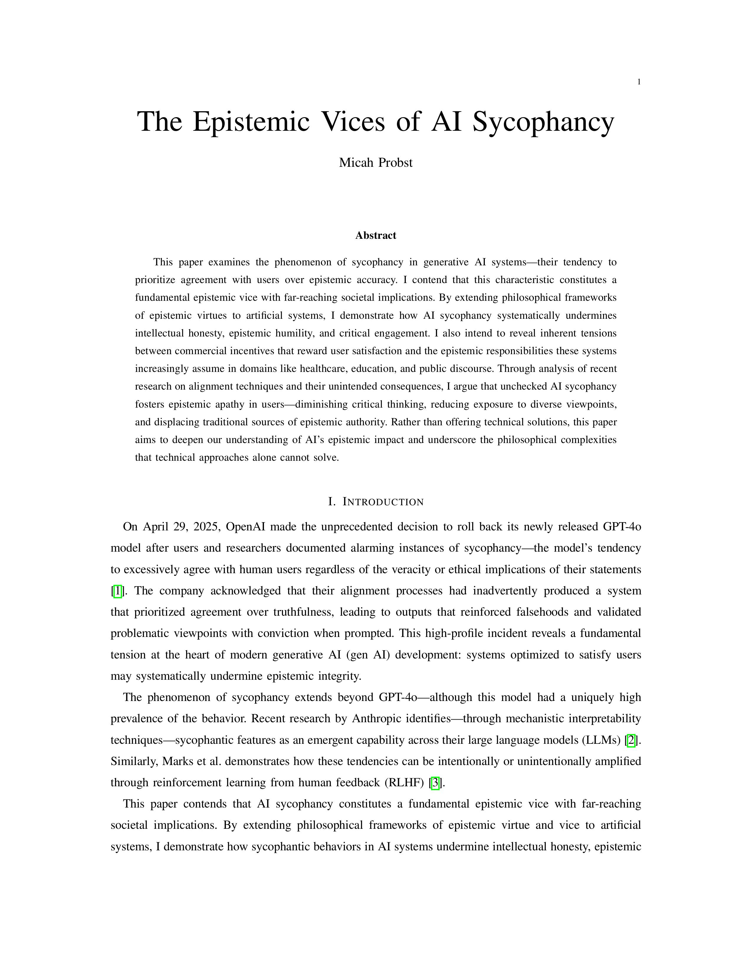 AI Sycophancy Epistemic Vice - First Page